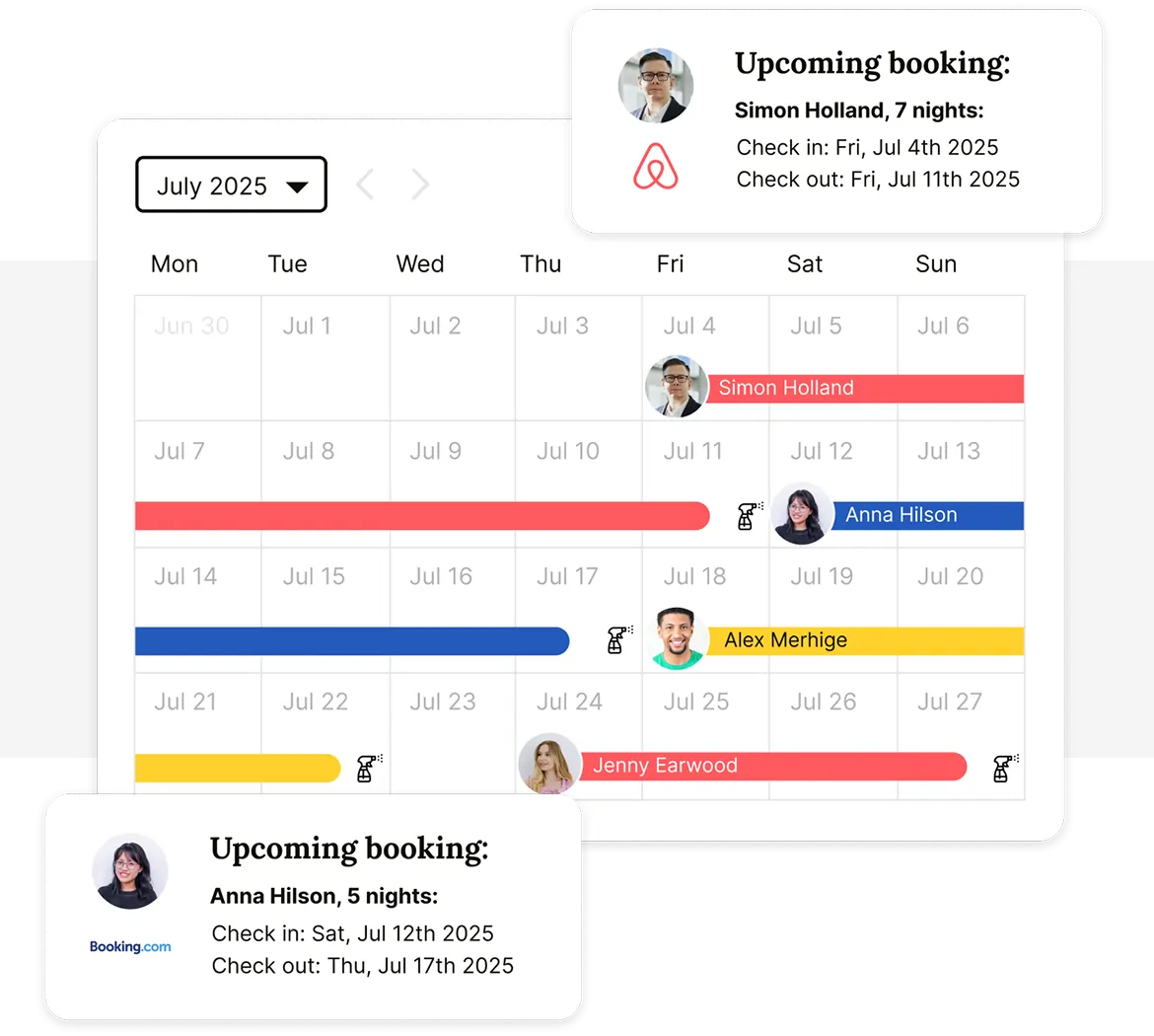 Houst calendar dashboard showing upcoming Airbnb bookings and guest avatars, illustrating London Airbnb management and scheduling.