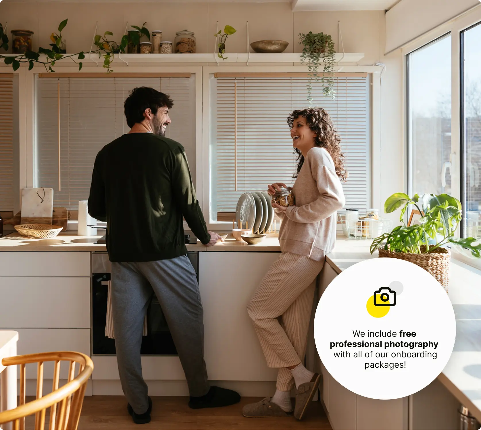 Smiling couple in Houst-managed Cape Town Airbnb with free professional photography 