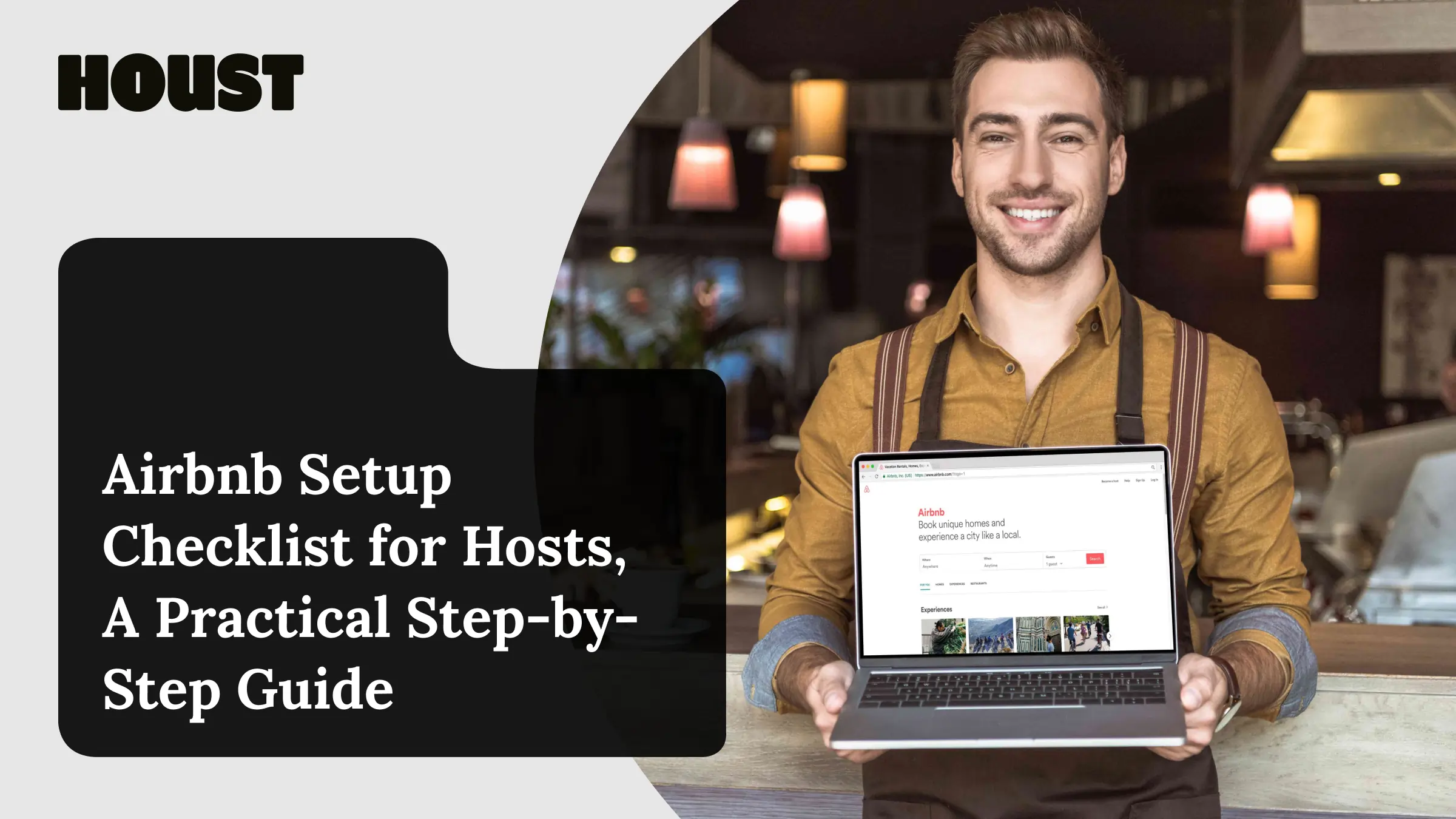 Smiling short-let host in an apron holding a laptop showing the Airbnb website, with Houst branding and “Airbnb Setup Checklist for Hosts” text overlay.