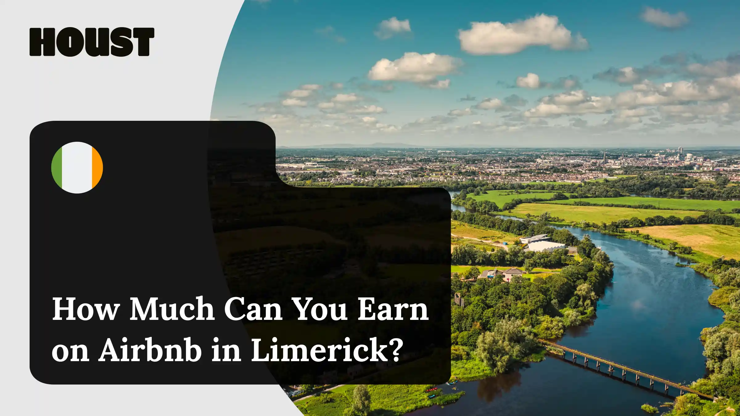 Aerial view of the River Shannon winding towards Limerick city, featured image for Houst's guide to Airbnb earnings in Limerick.