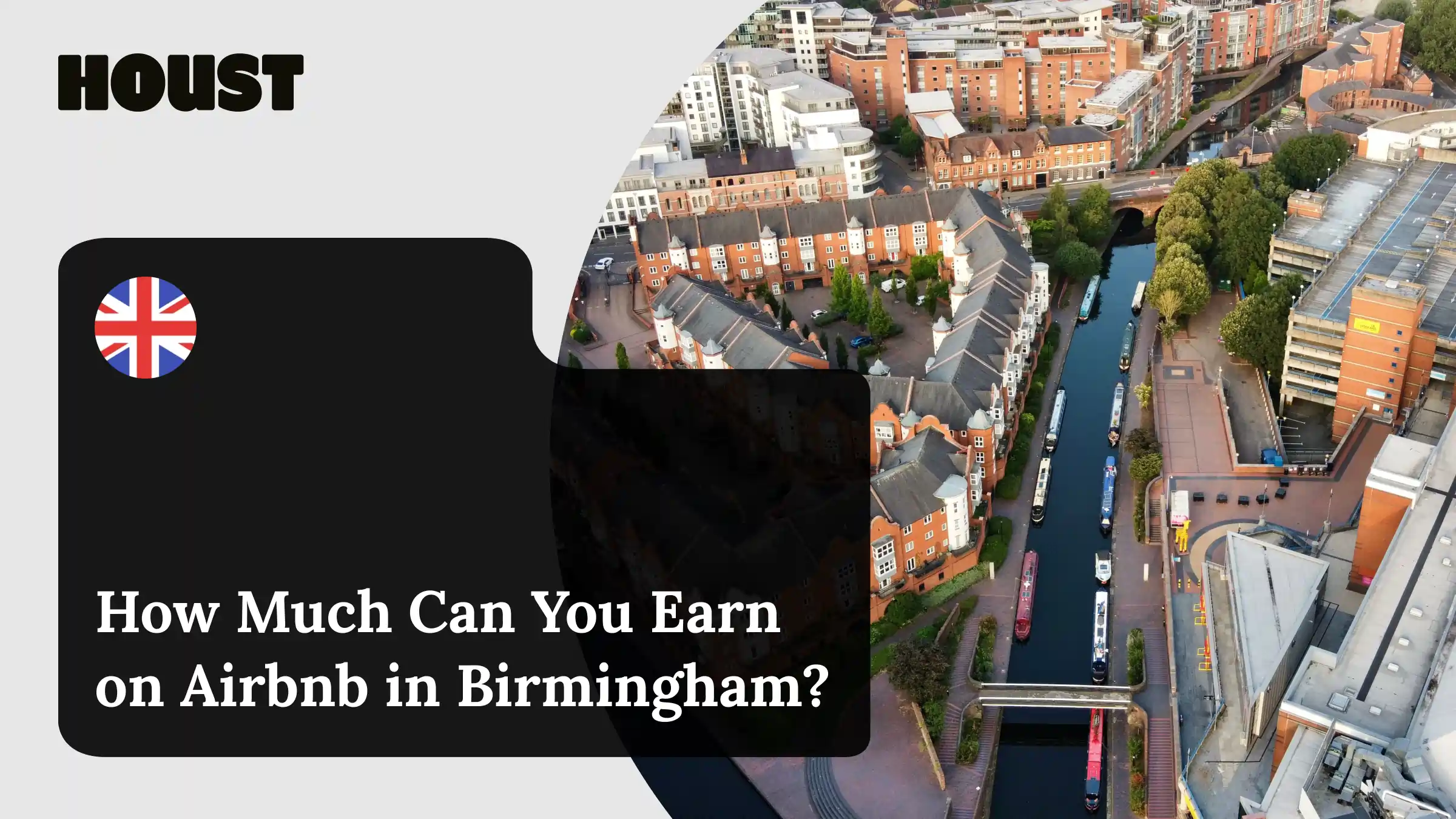 Birmingham’s Brindleyplace canal quarter with city buildings reflected in the water, featured image for Houst’s Birmingham Airbnb income guide.
