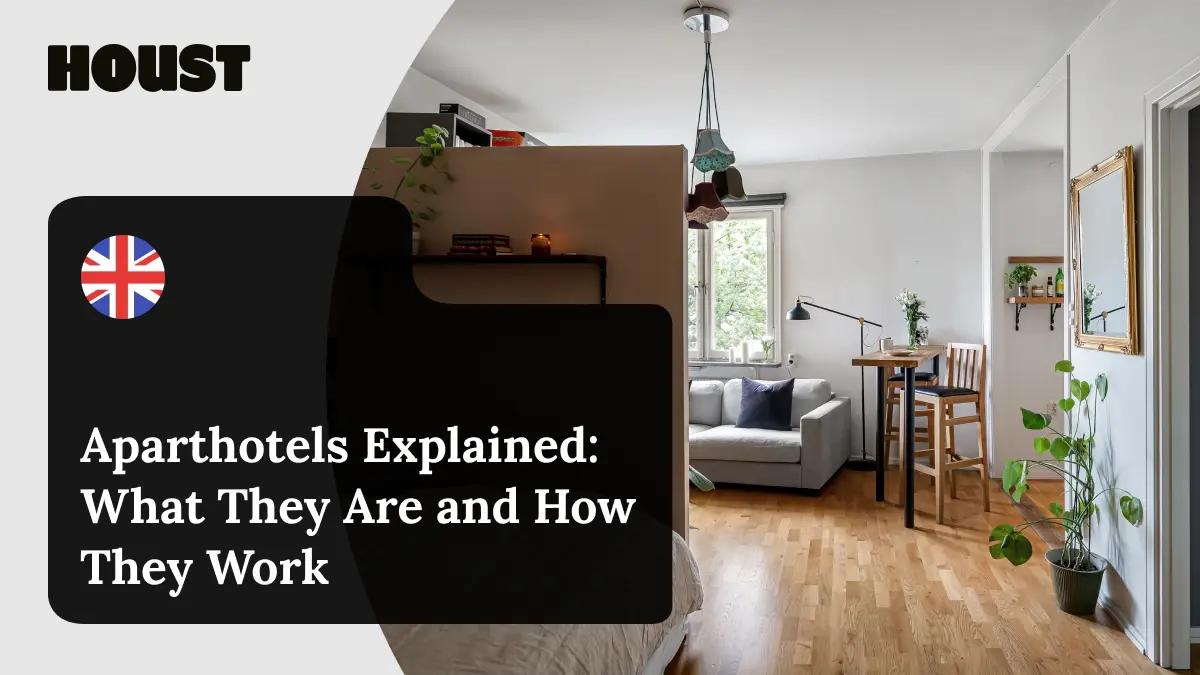 Open plan apartment interior with kitchen and living area, featured image for a guide explaining what an aparthotel is.