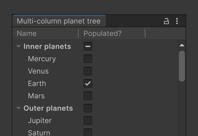An example of a multi-column tree view in UXML listing planets with toggles nested under two collapsable lists, one for inner planets and one for outer planets.