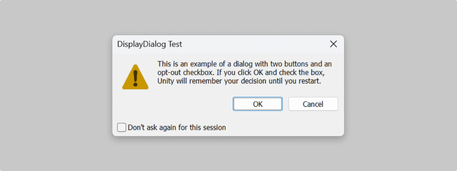 A dialog example showing a message of type "warning"