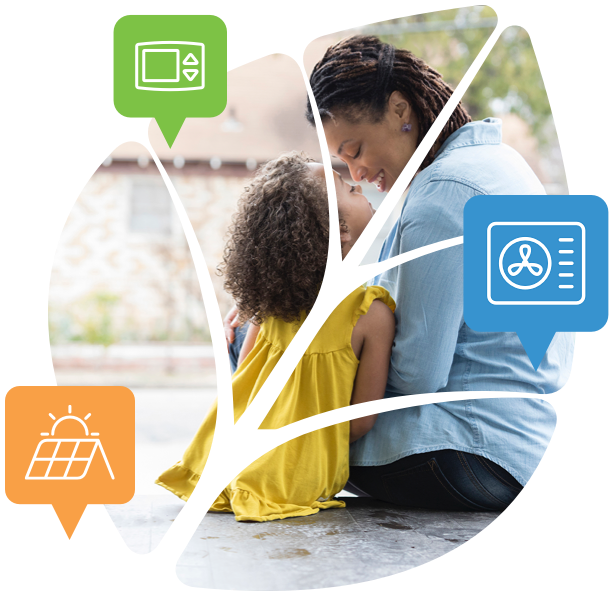 A little girl cooks over an induction stove. Floating interface elements are layered on top, showing benefits to health, safety, and performance