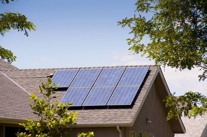 Solar panels on a house, from above