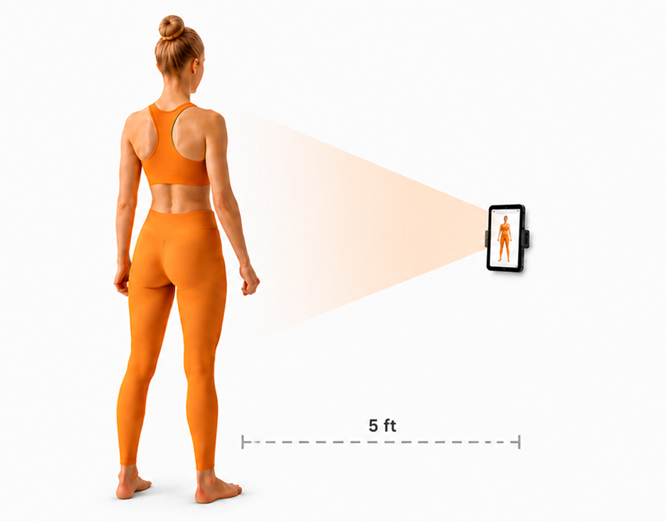 Three steps of a Fit3D scan: create account, 10-second spin, view results.