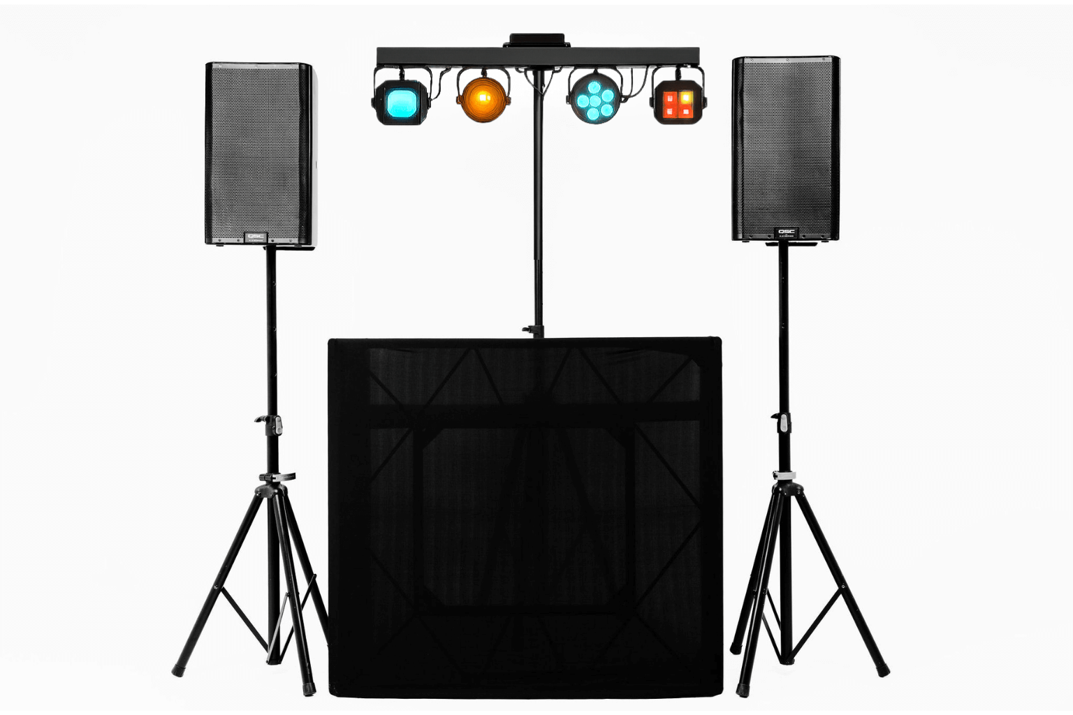 DJ booth setup with two speakers on tripod stands, a lighting bar with multicolored lights, and a black fabric-covered DJ table.