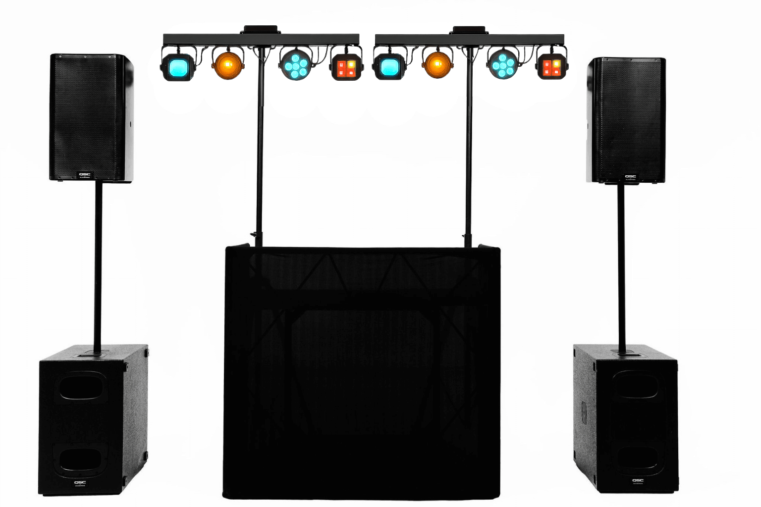 DJ sound and lighting setup with two stacked black speakers on stands and a lighting rig with colorful stage lights above a covered DJ booth.