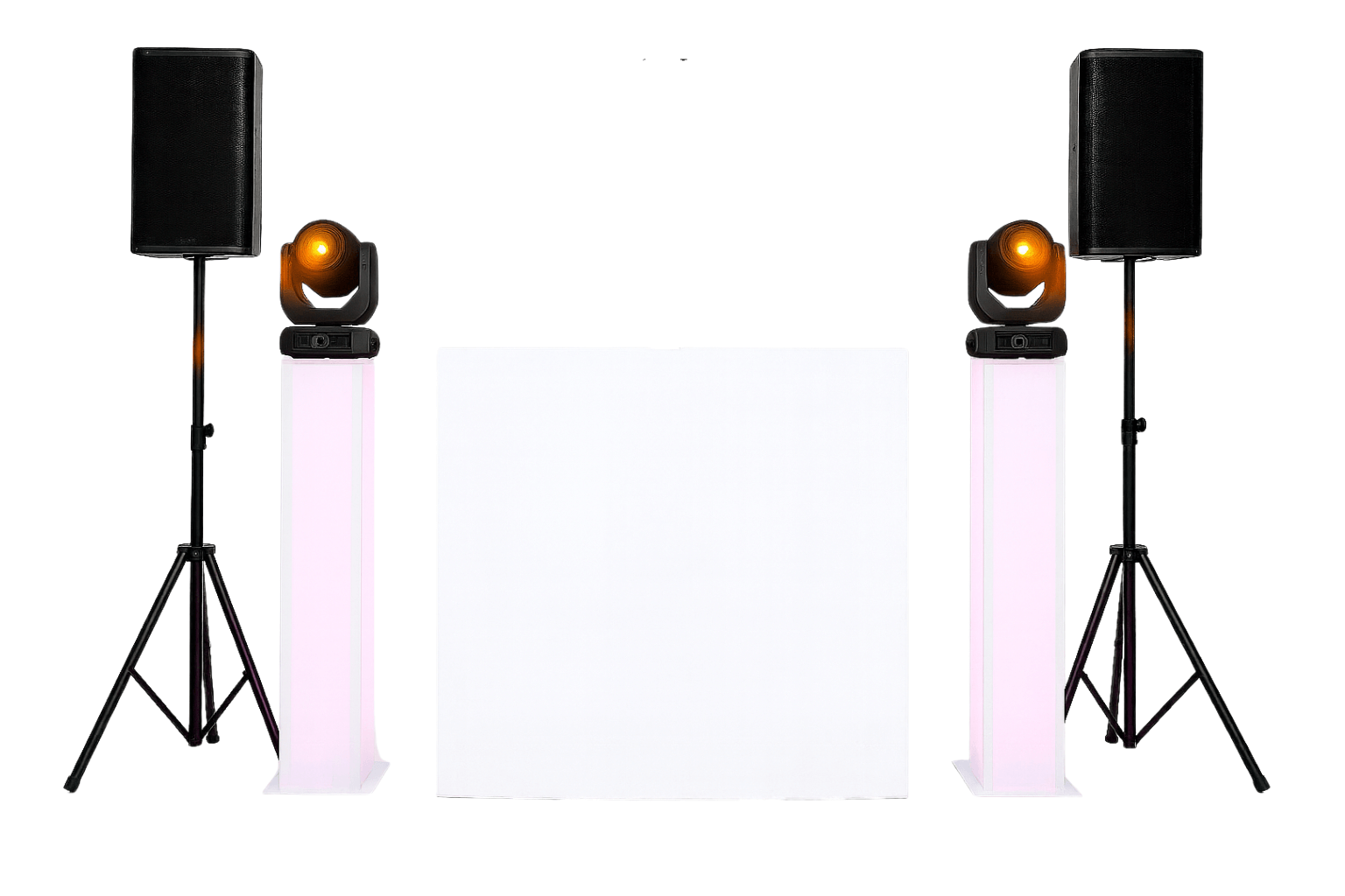 Event setup with two black speakers on stands, two orange spotlights on illuminated white pillars, and a white DJ booth in the center.