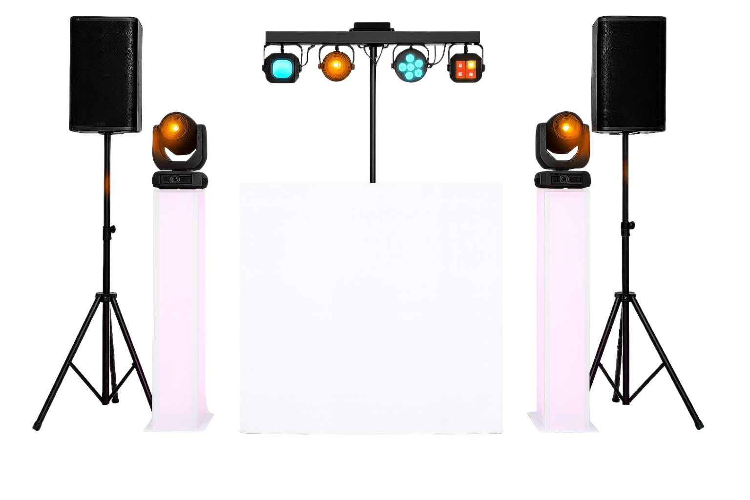 DJ event setup with two speakers on tripods, two orange spotlights on white illuminated stands, a white DJ booth, and a lighting bar with four colored stage lights.