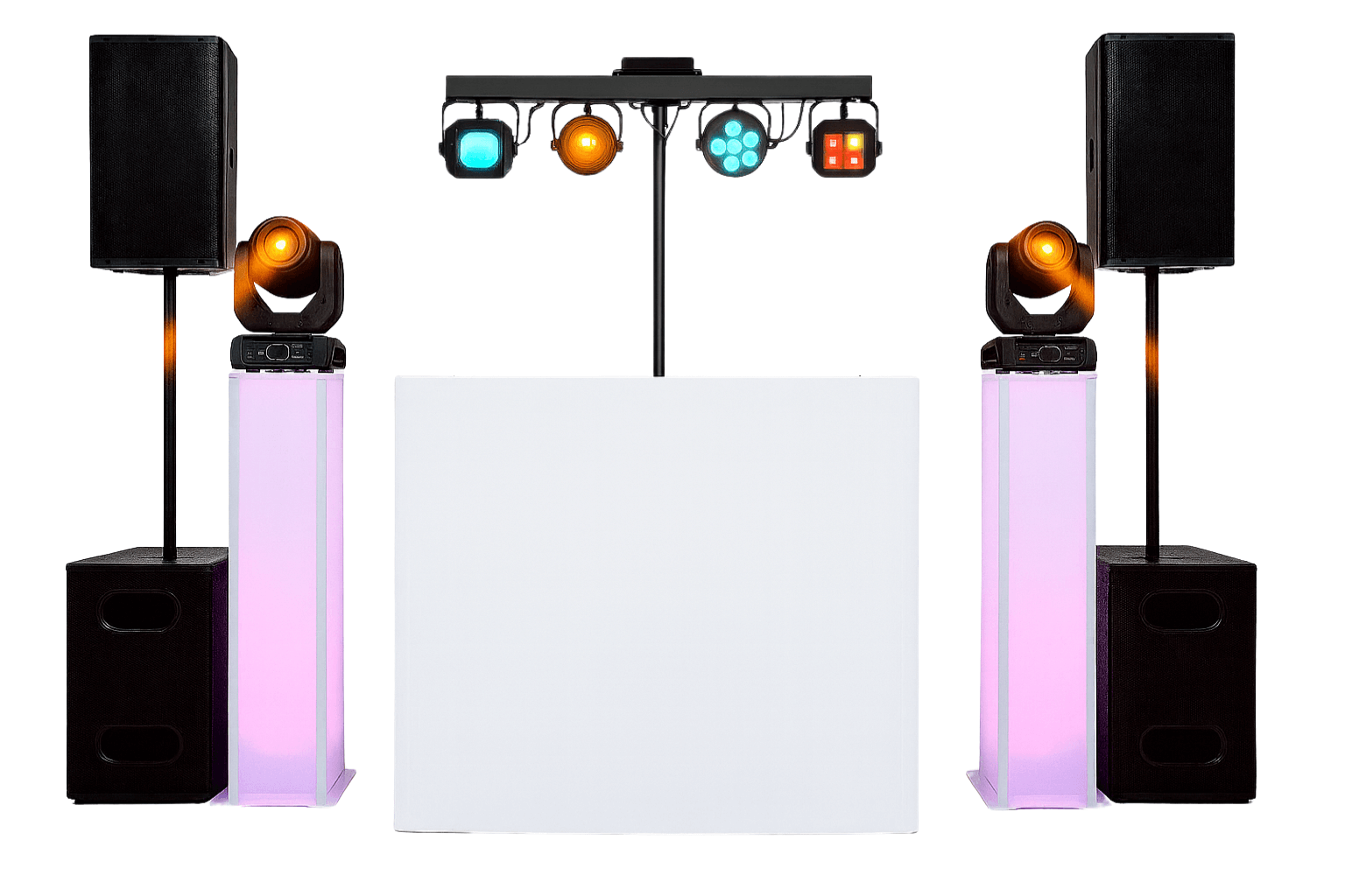 Professional DJ event setup with two large black speakers on subwoofers, moving head lights on illuminated stands, a white DJ booth, and a horizontal bar with colorful stage lights above.
