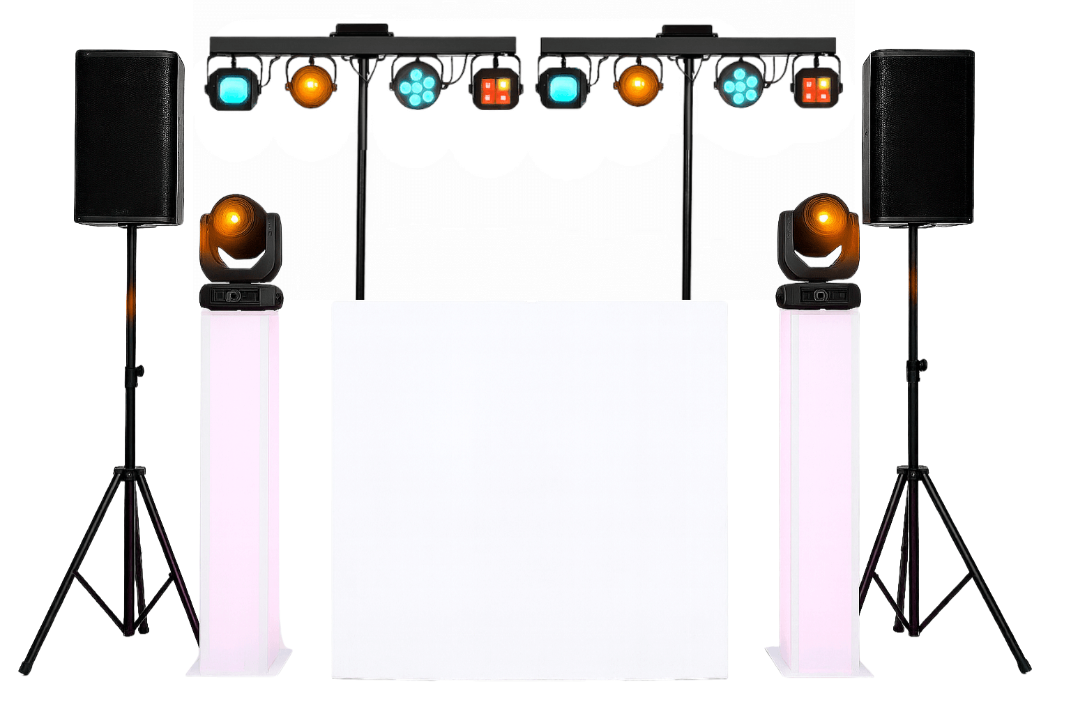 Professional DJ luxury event setup with illuminated speaker stands, moving orange stage lights, overhead multicolored lights, and large speakers on tripods.