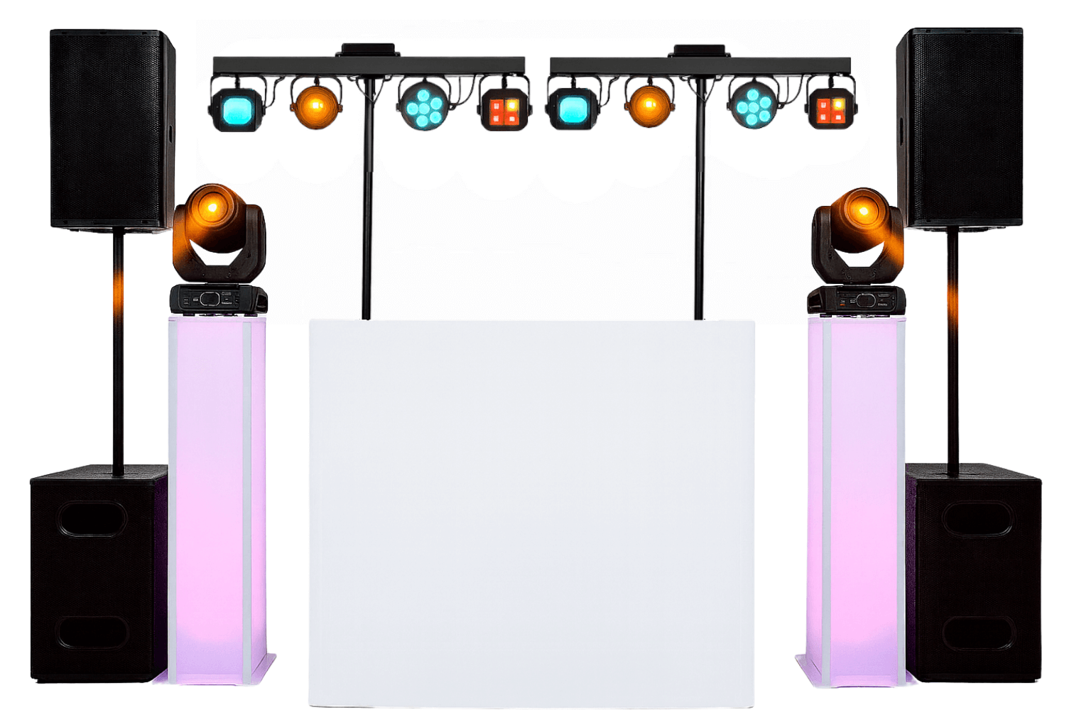 Luxury wedding DJ setup with two black speakers on stands, two moving head lights on illuminated purple pedestals, a white DJ booth, and two overhead light bars with colorful stage lights.