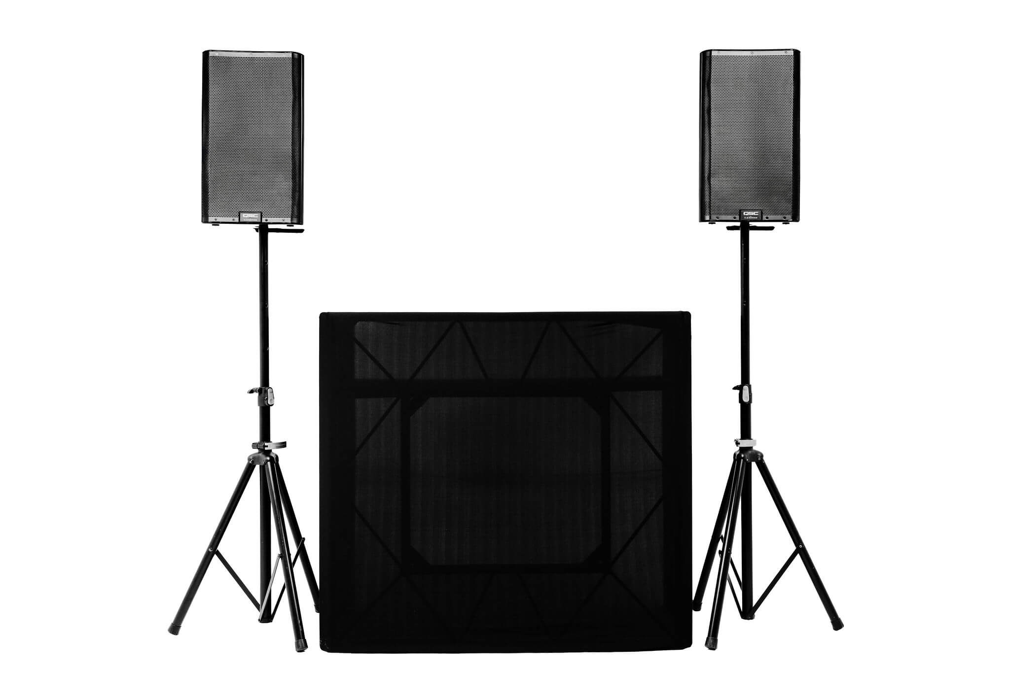 Two black speakers mounted on tripods with a black-covered DJ booth in the center on a white background.