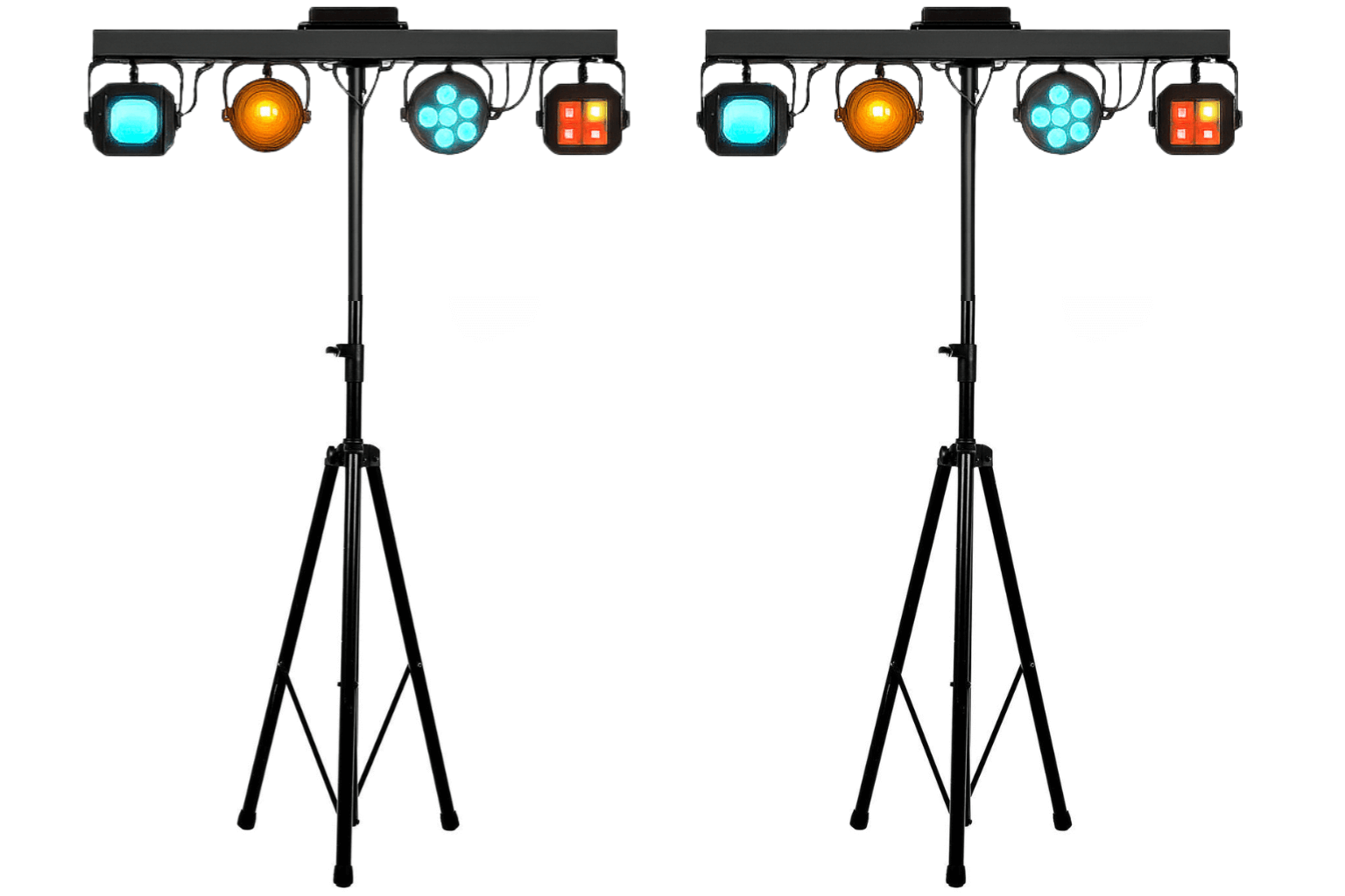 Two identical DJ light stands each with four colored lights mounted on a horizontal bar.
