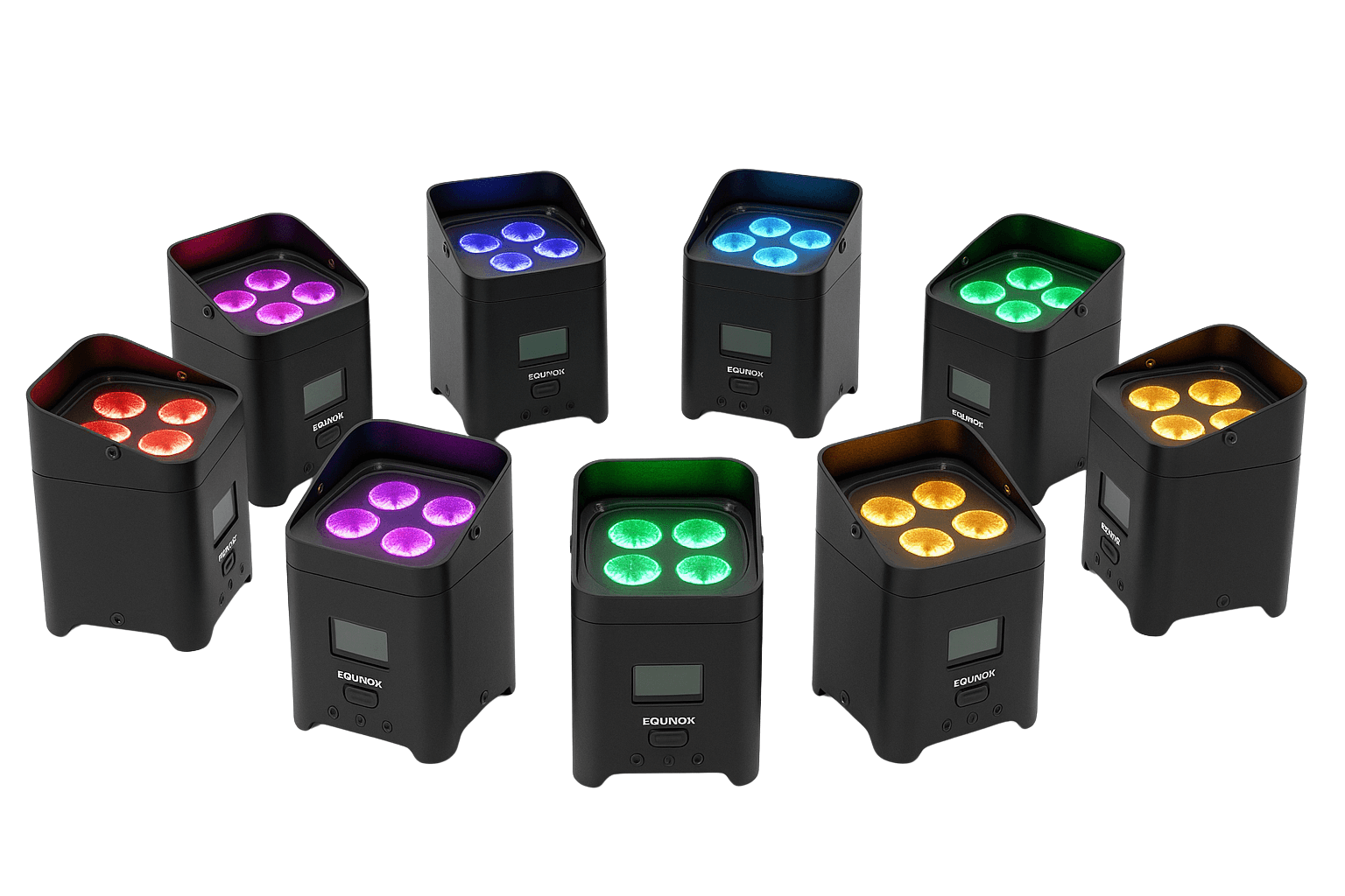 Eight black Equinox uplighter lights arranged in a circle, each glowing with different colors including red, purple, blue, green, and yellow.