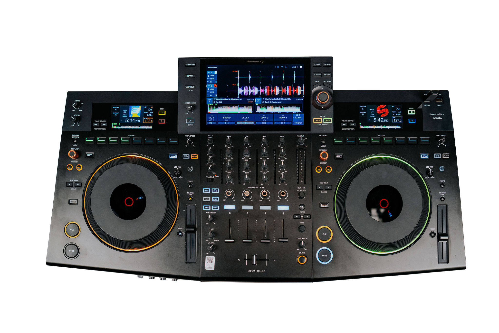 Pioneer DJ controller with two large jog wheels, multiple buttons, knobs, sliders, and three digital displays showing waveform and track information.