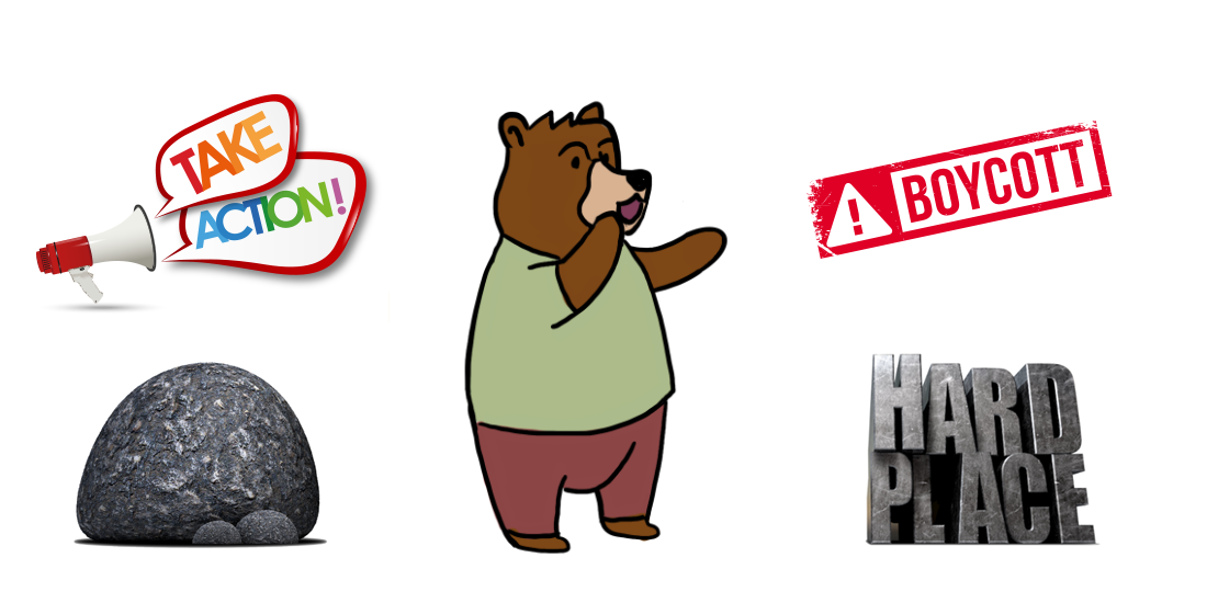 a bear between a rock and the words "hard place"