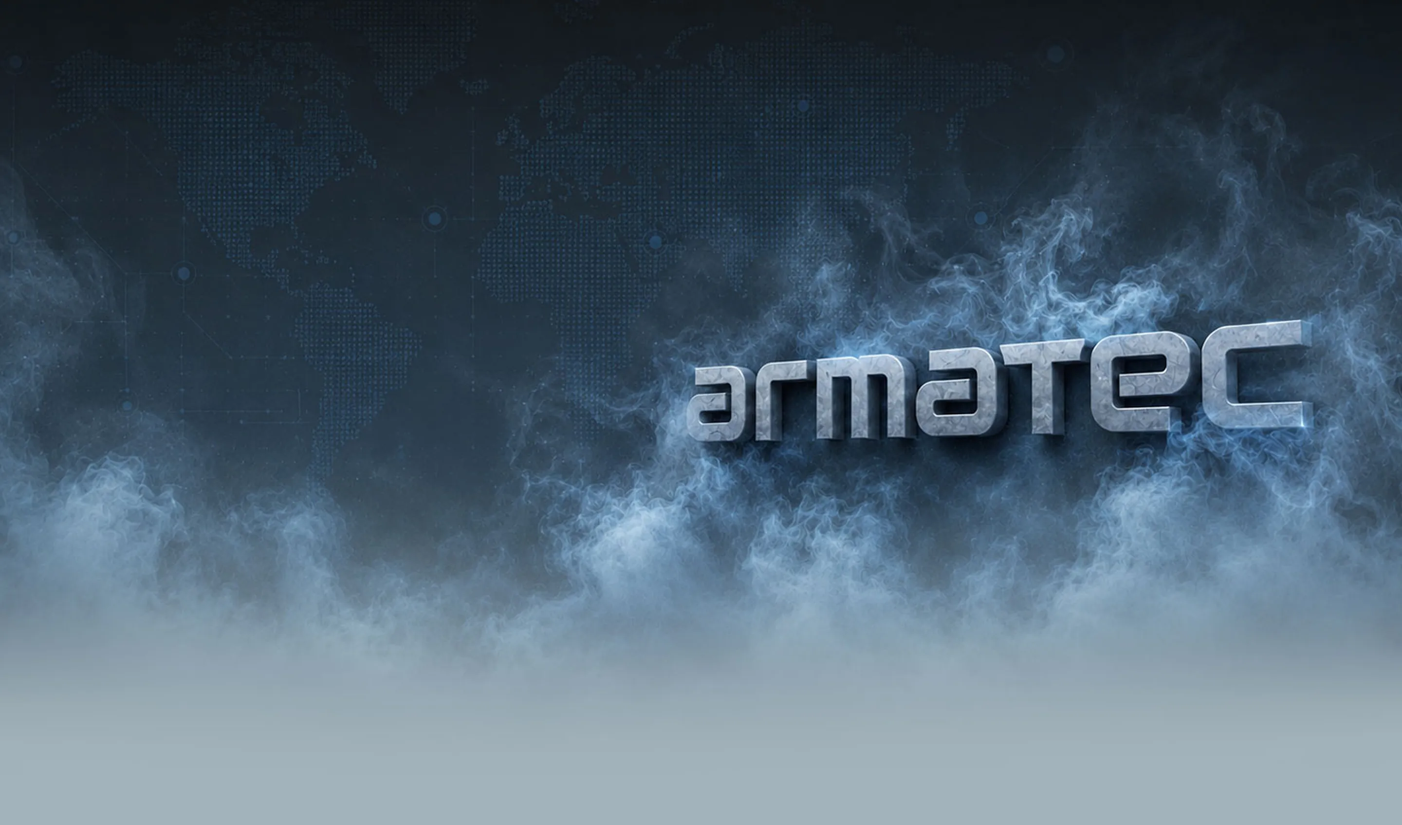 Metallic armatec text surrounded by blue smoke on dark background with faint world map.