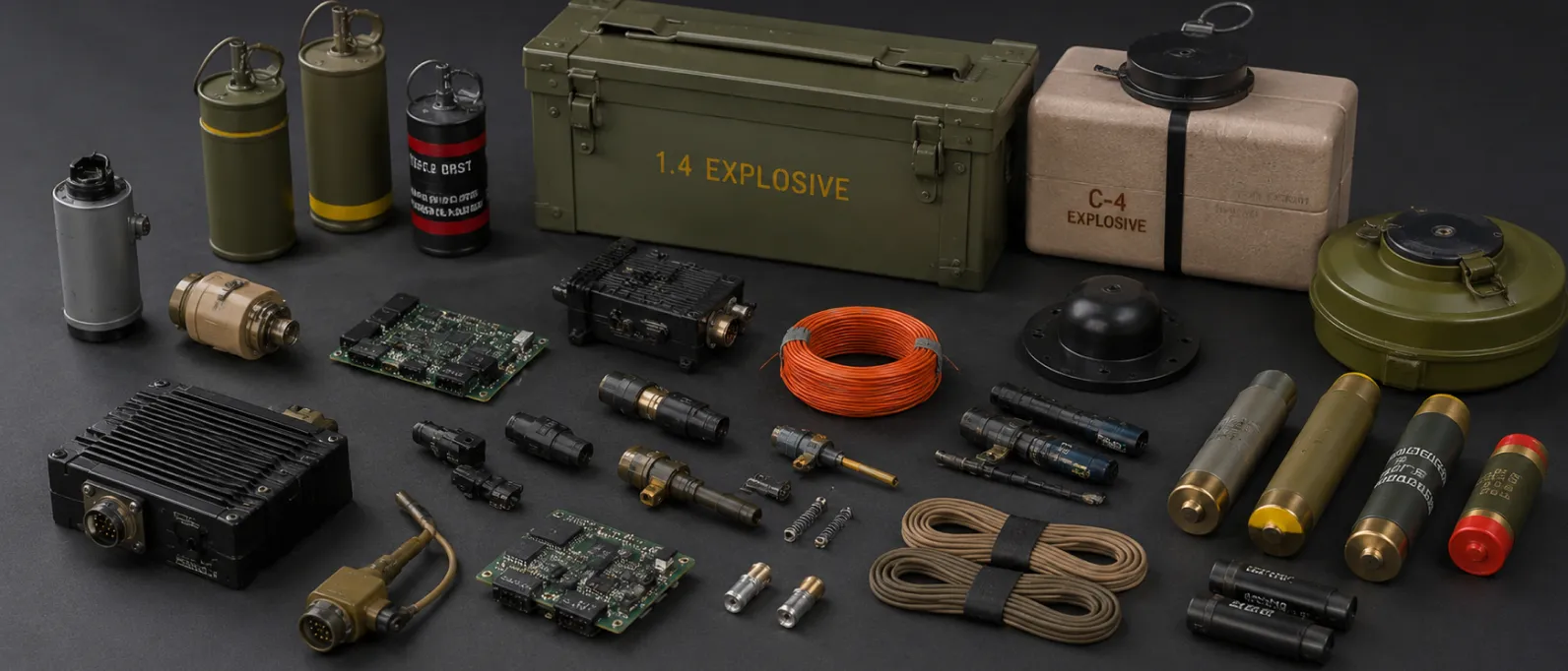 Various military explosive components and electronic parts arranged on a dark surface.