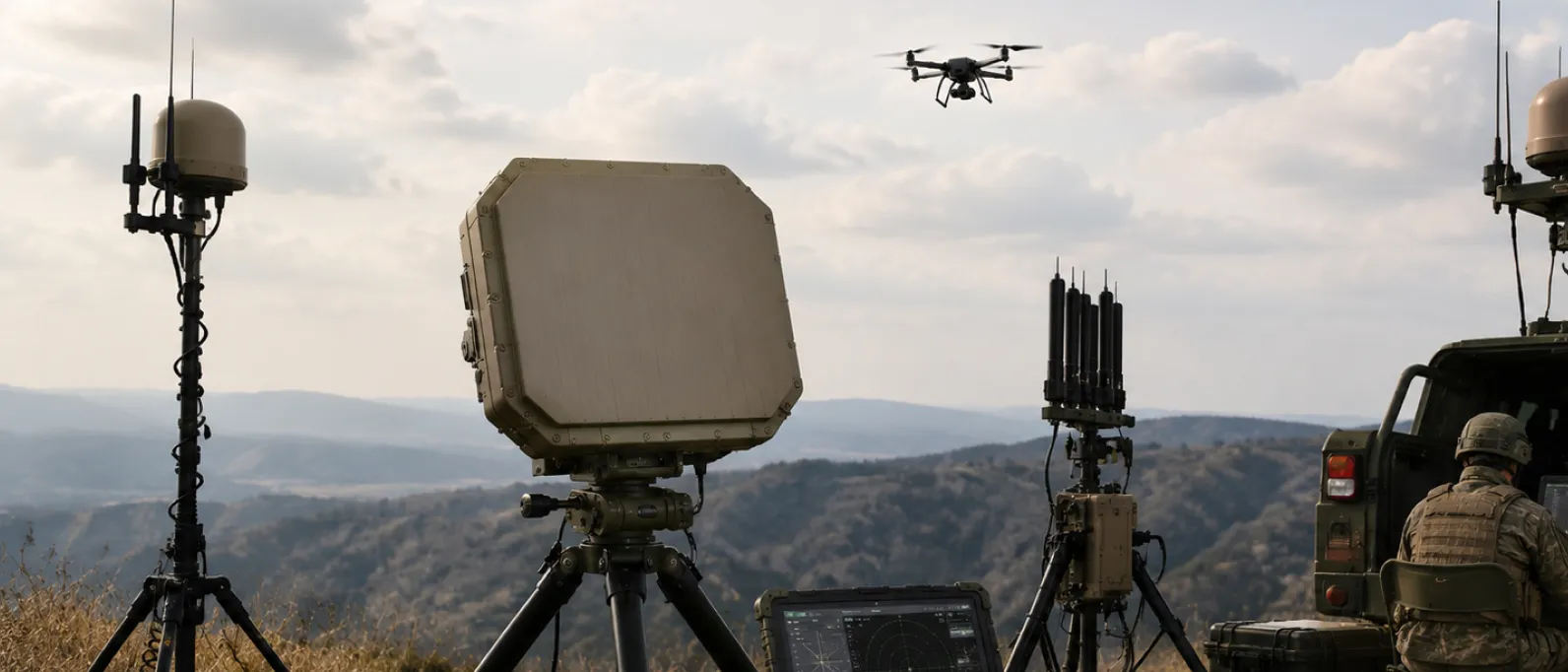 Military soldier operating anti-drone radar and signal jamming equipment with drone overhead.