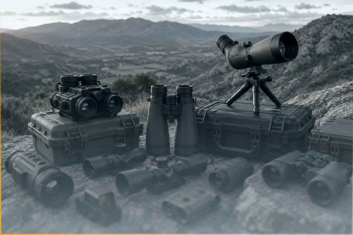 Various binoculars, scopes, and optical devices set on rugged cases outdoors with hills in background.
