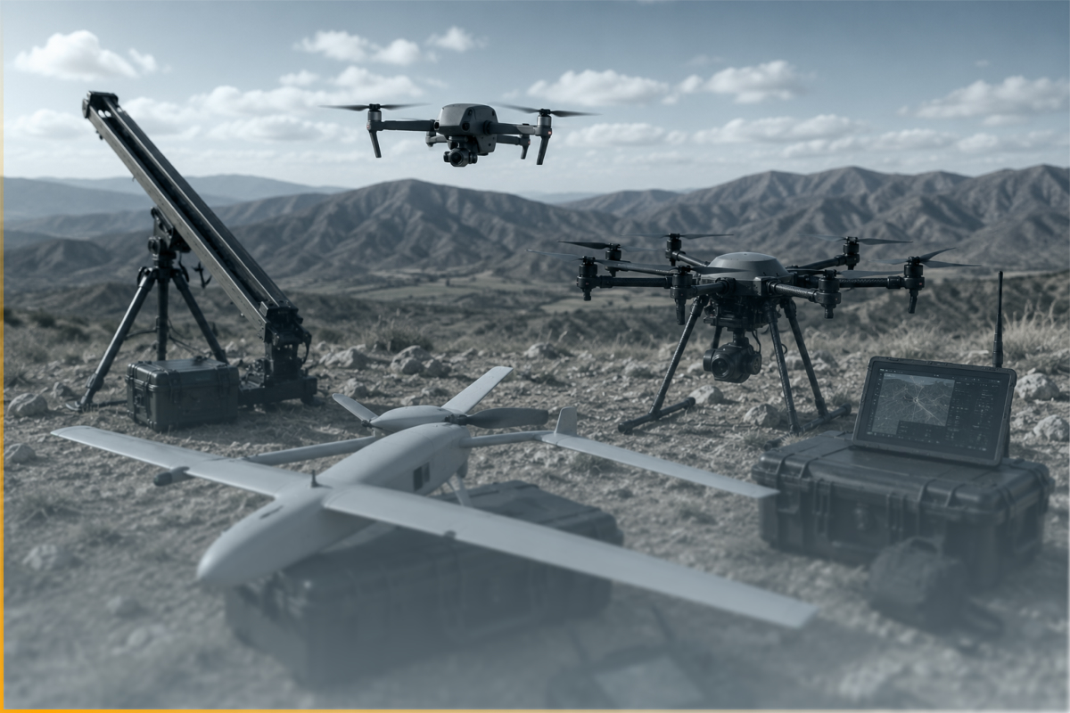 Various drones and drone equipment set on rocky terrain with mountains in the background under a cloudy sky.
