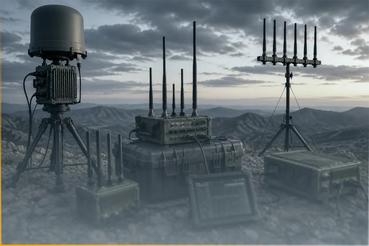 Military electronic jammer devices with antennas set up on rocky terrain at dusk with mountains in background.
