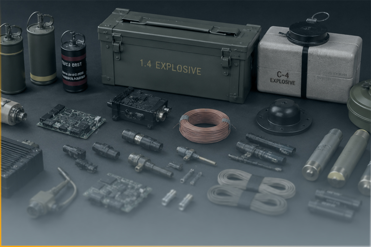 Collection of military explosives and electronic components including a box labeled 1.4 EXPLOSIVE and C-4.