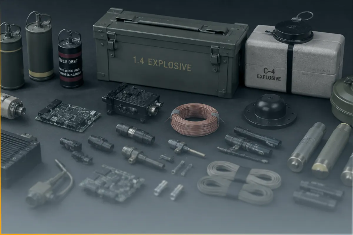 Collection of military explosives and electronic components including a box labeled 1.4 EXPLOSIVE and C-4.