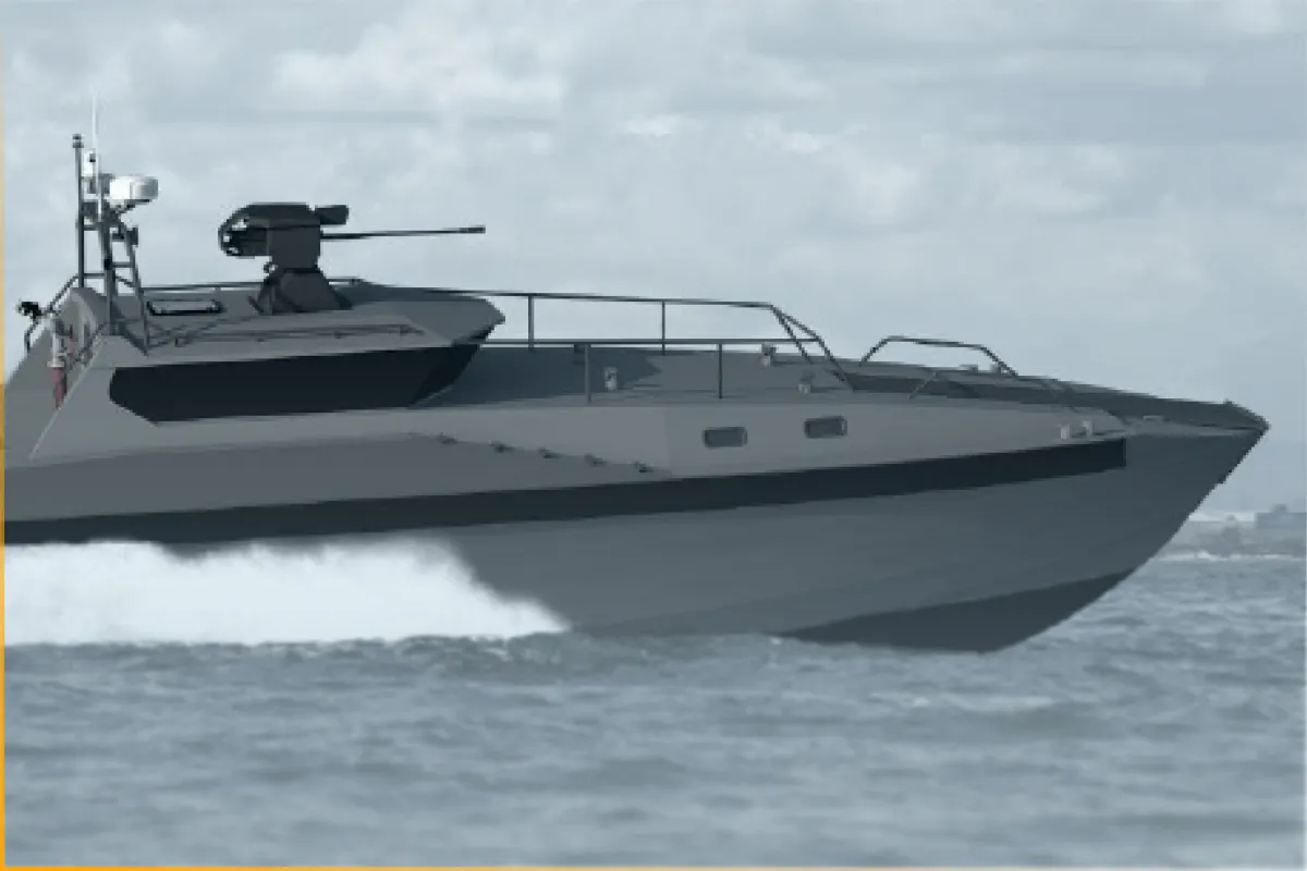 Military-style speedboat with mounted gun speeding on the water under a cloudy sky.