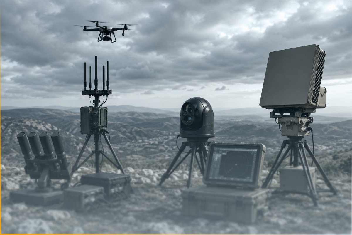 Anti-drone system devices including radar, signal jammers, and cameras on rocky terrain under cloudy sky.