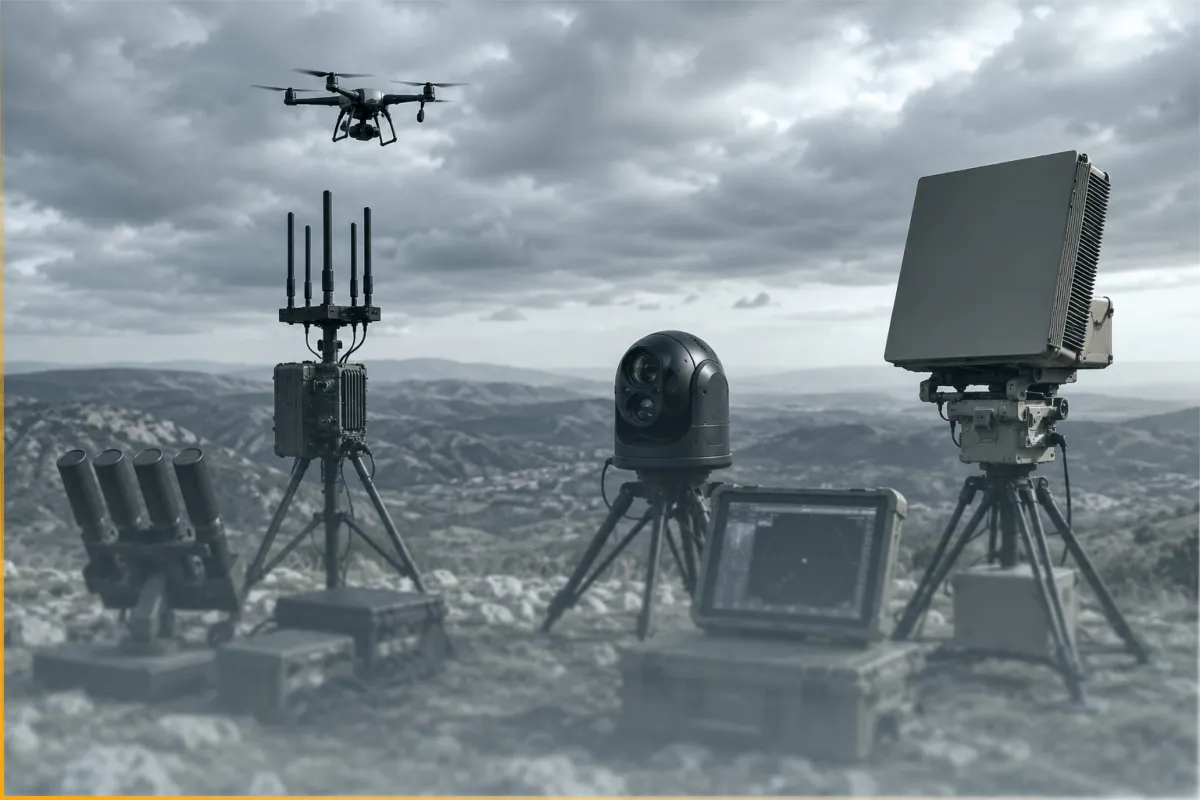 Anti-drone system devices including radar, signal jammers, and cameras on rocky terrain under cloudy sky.