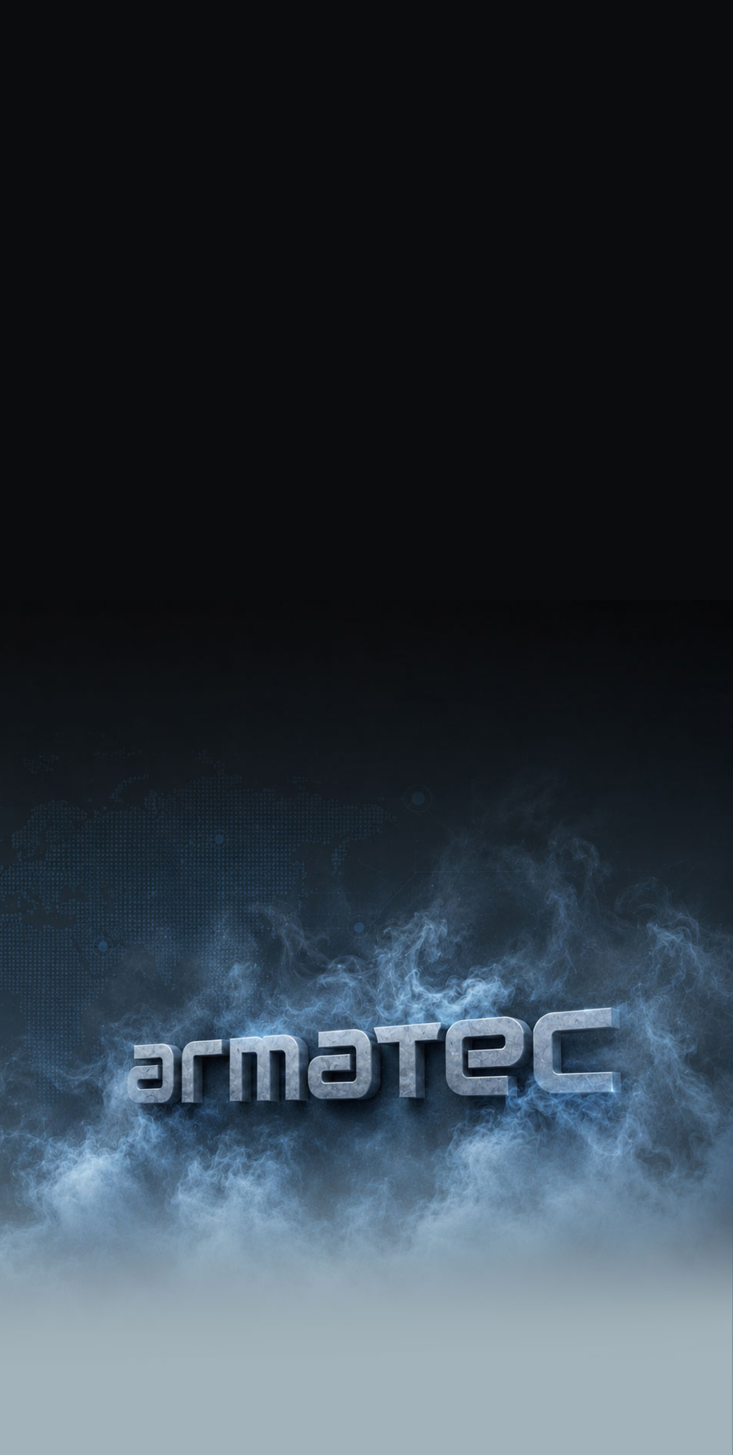 The word 'armatec' in a metallic style with blue smoke and a dark background featuring a world map.