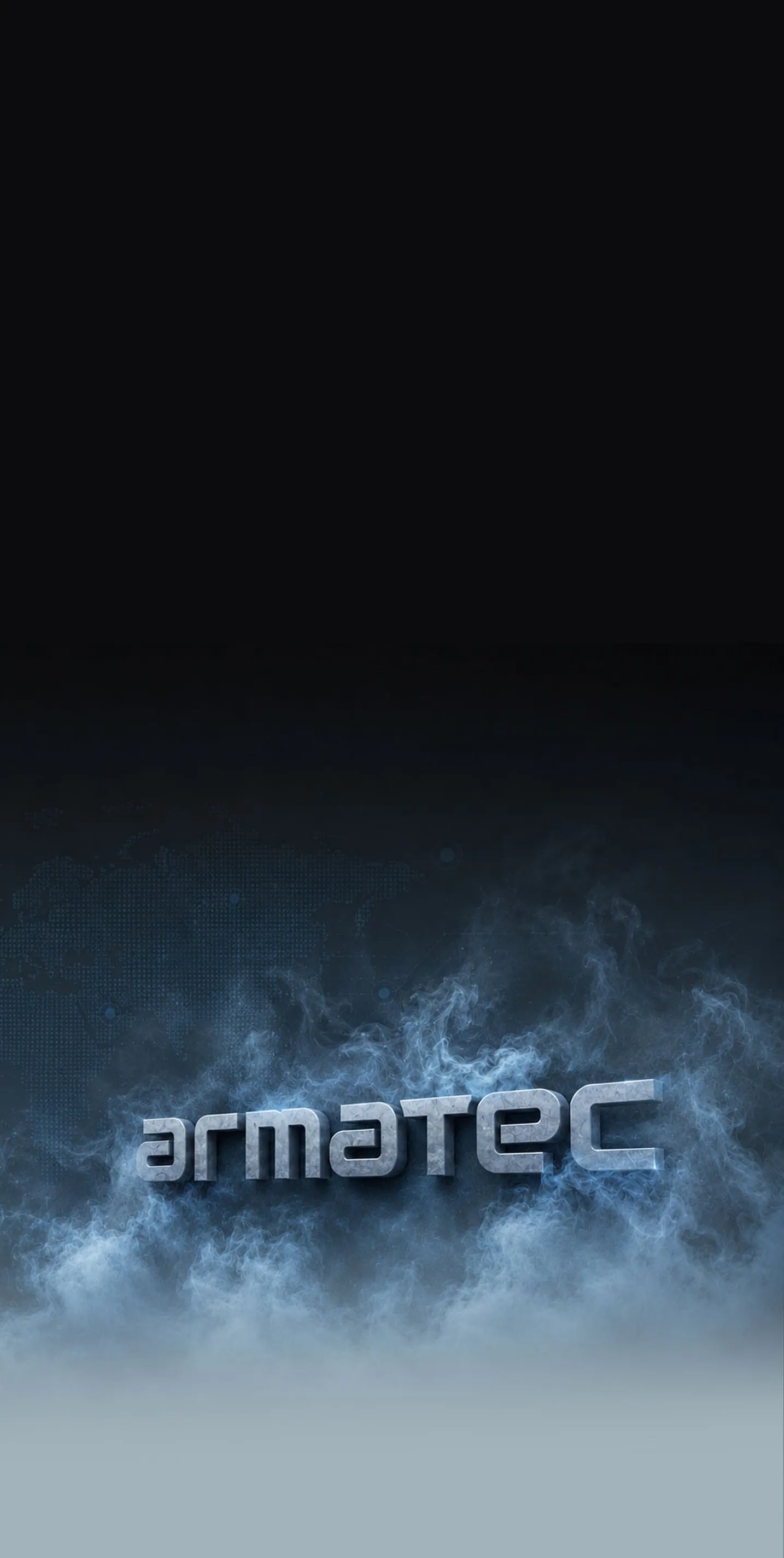 The word 'armatec' in a metallic style with blue smoke and a dark background featuring a world map.
