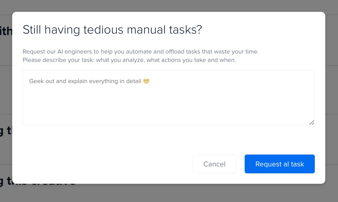 New AI Marketer task request popup where you can explain what you want to do.