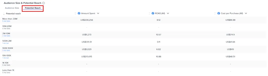 View of the potential reach of your audience(s) broken down by size and sorted by Amount Spent, ROAS, and Cost per Purchase.