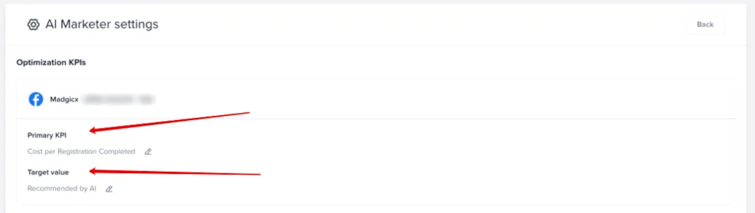 AI Marketer settings view where you can set your primary KPI and the target value.
