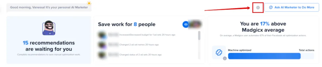 The top view of the AI Marketer dashboard with the Settings cog highlighted.
