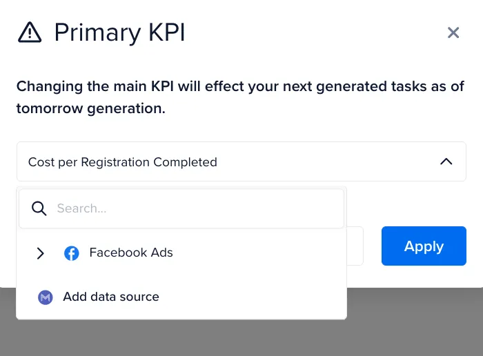 Primary KPI popup in AI Marketer settings.