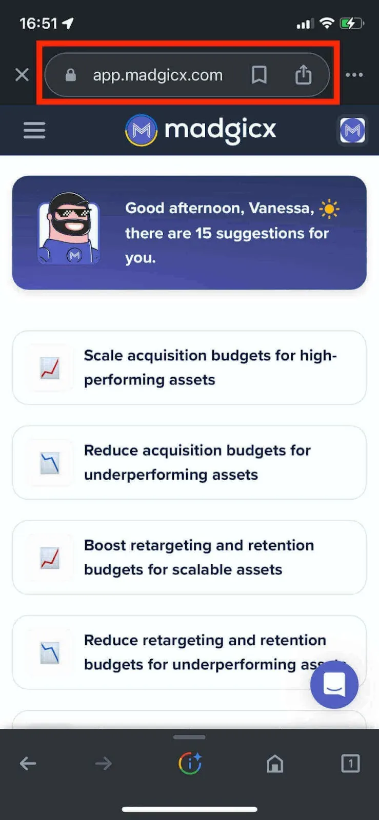 Madgicx mobile app showing the actionable AI Marketer recommendations.