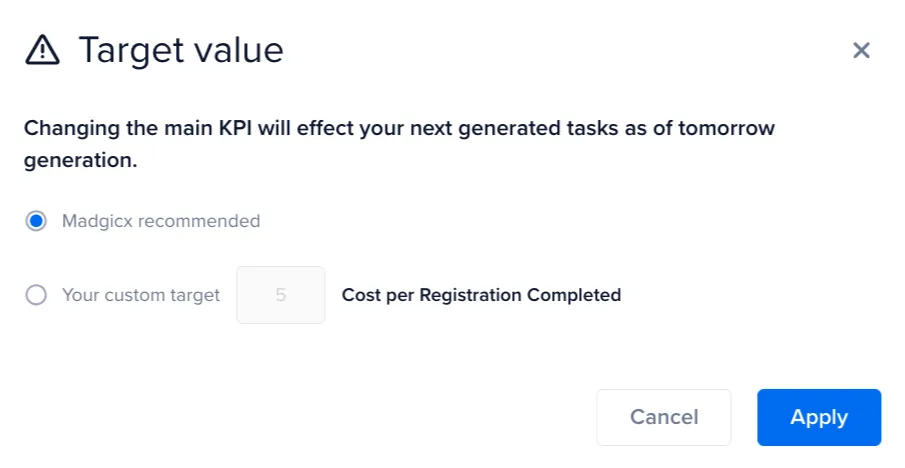 Target value popup in AI Marketer settings.