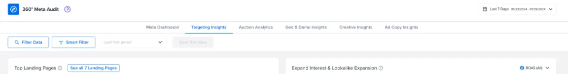 Targeting Insights is found in the menu at the top of the 360° Meta Audit page.