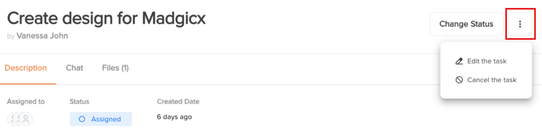Three dot menu highlighted showing how to edit or cancel the task.