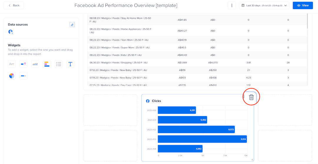How to delete a widget on One-Click Report