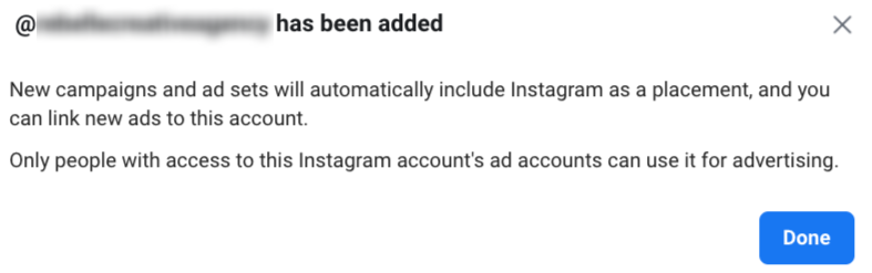 Instagram account has been added confirmation message.