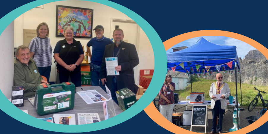 Two photos overlap in turquoise and orange bubbles. In the first a group of volunteers stand in front of Library of Things items with their local Member of Senedd. In the second the the town mayor wearing a chain standing in front of a gazebo outside, at the library's launch event