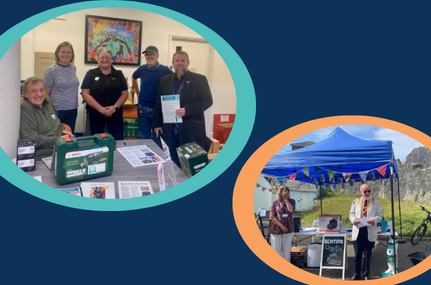 Two photos overlap in turquoise and orange bubbles. In the first a group of volunteers stand in front of Library of Things items with their local Member of Senedd. In the second the the town mayor wearing a chain standing in front of a gazebo outside, at the library's launch event