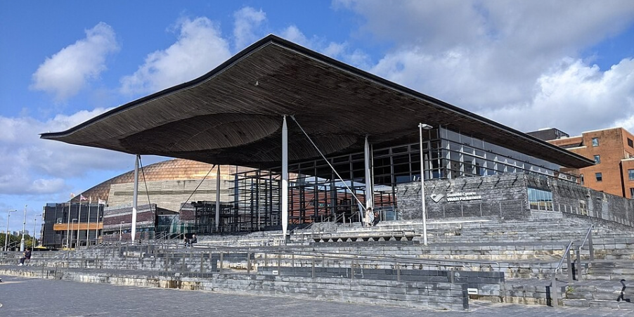Senedd Cymru building in Cardiff bay in the sunshine
